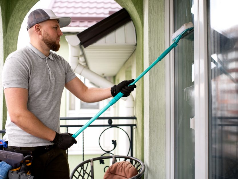 A man washing the window.