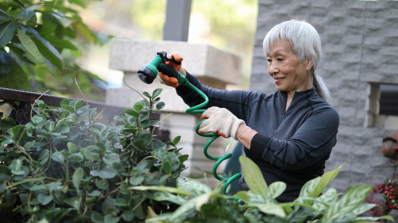 Senior woman watering plants