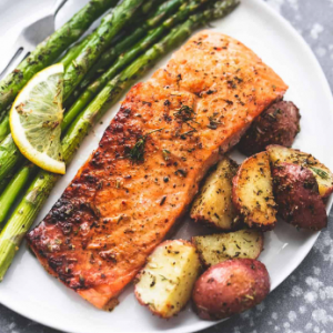 Blackened salmon, asparagus, and roasted potatoes.