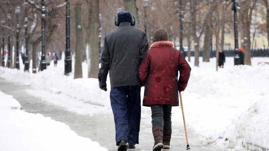 Elderly Woman With Cane And Man Walking In Winter Park,