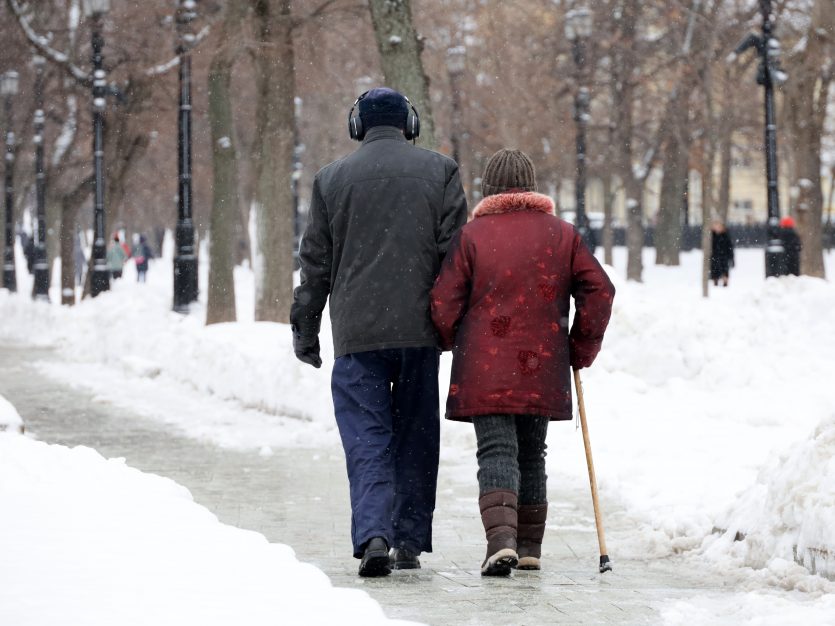 Elderly Woman With Cane And Man Walking In Winter Park,