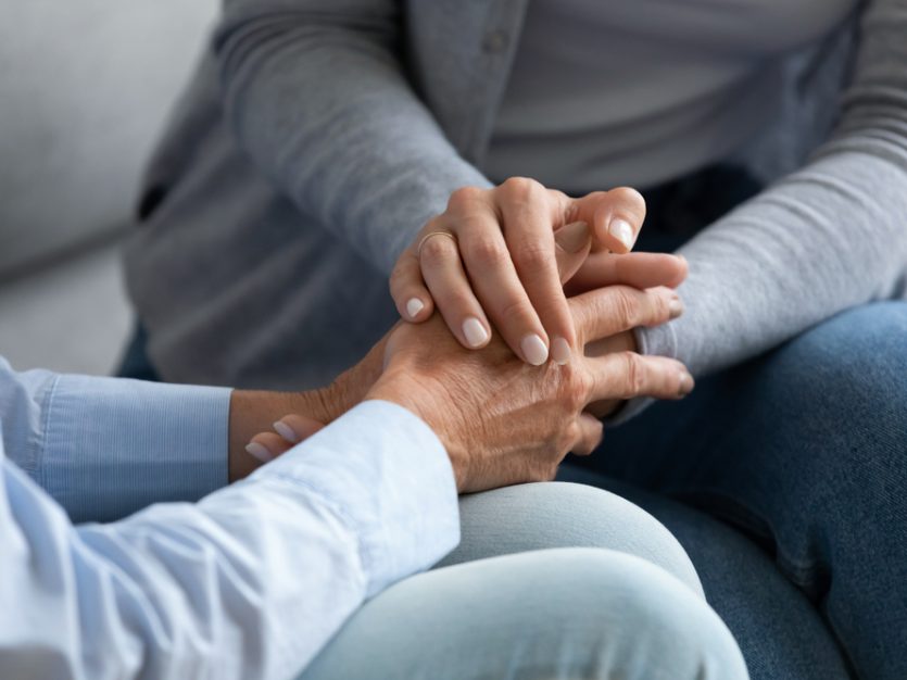 Young,Woman,Granddaughter,Daughter,Hold,Old,Female,Hand,Of,Mother