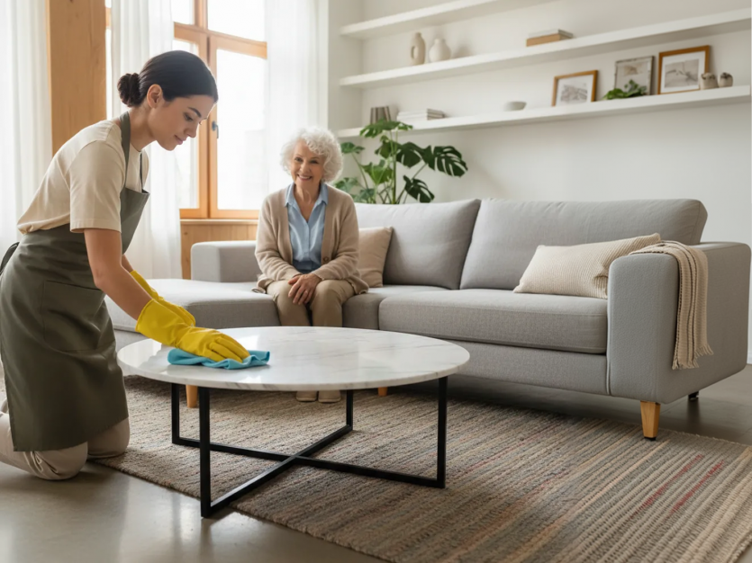 Person cleaning table in living room - The Importance of a Clean, Safe, and Organized Home for Seniors