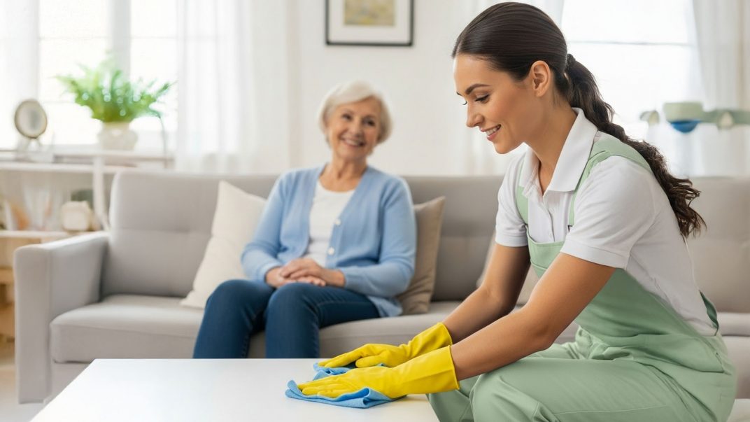 Woman cleaning table in living room - Professional Cleaning