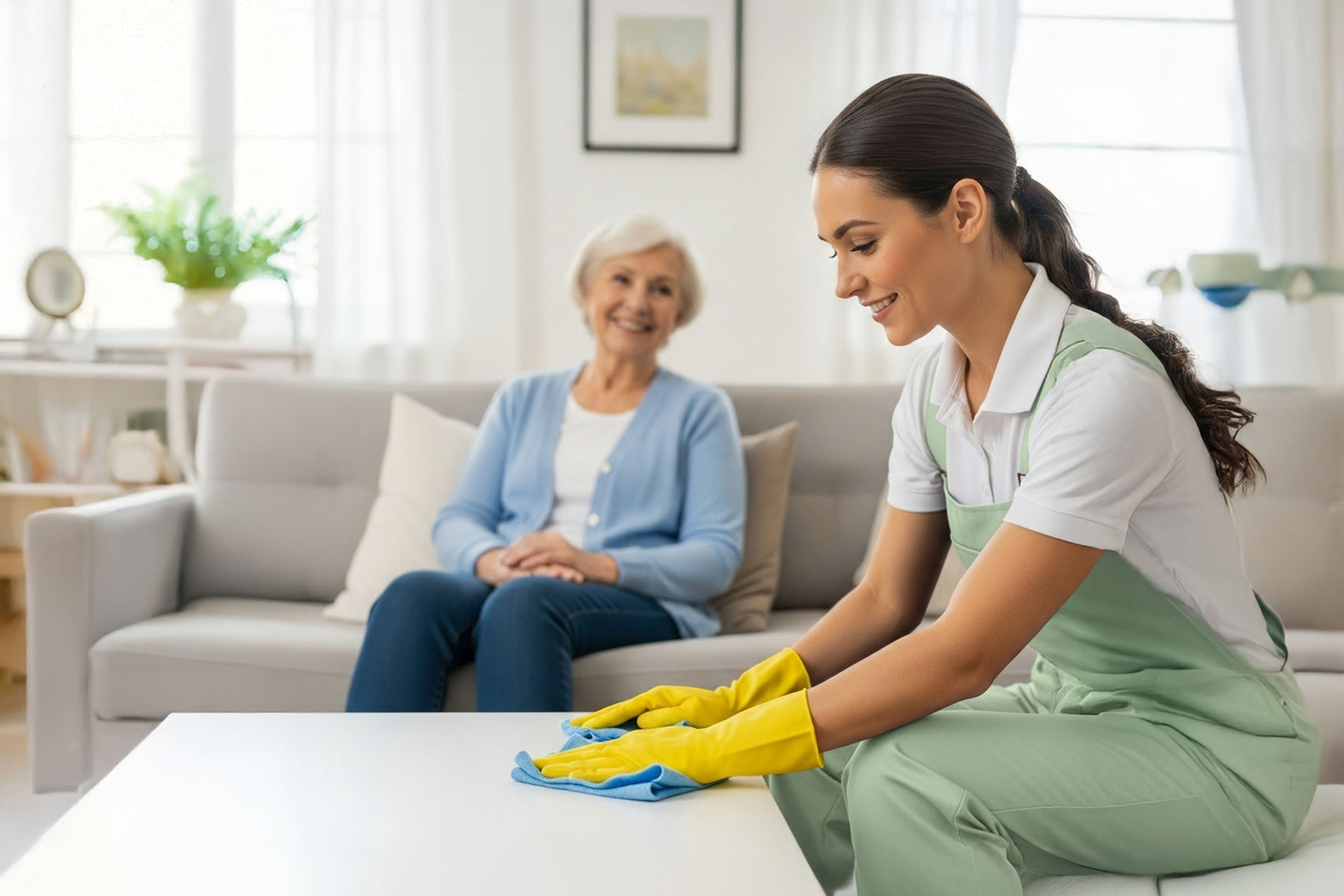 Woman cleaning table in living room - Professional Cleaning