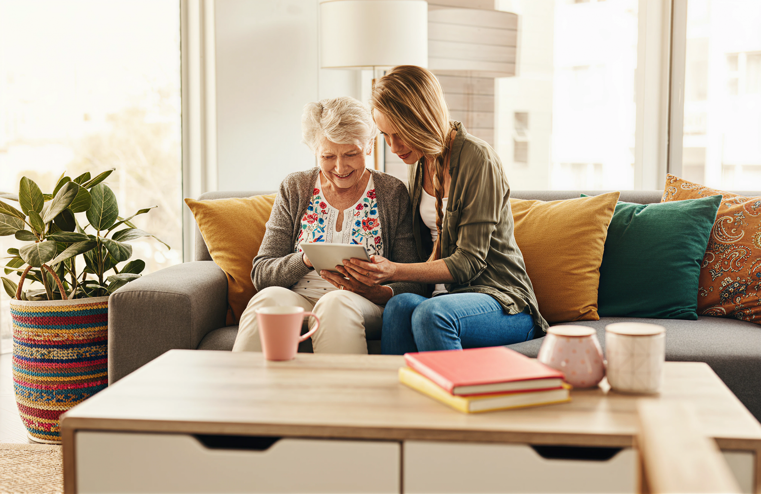 A young woman helping a senior with ways to avoid scams - protecting seniors from scams