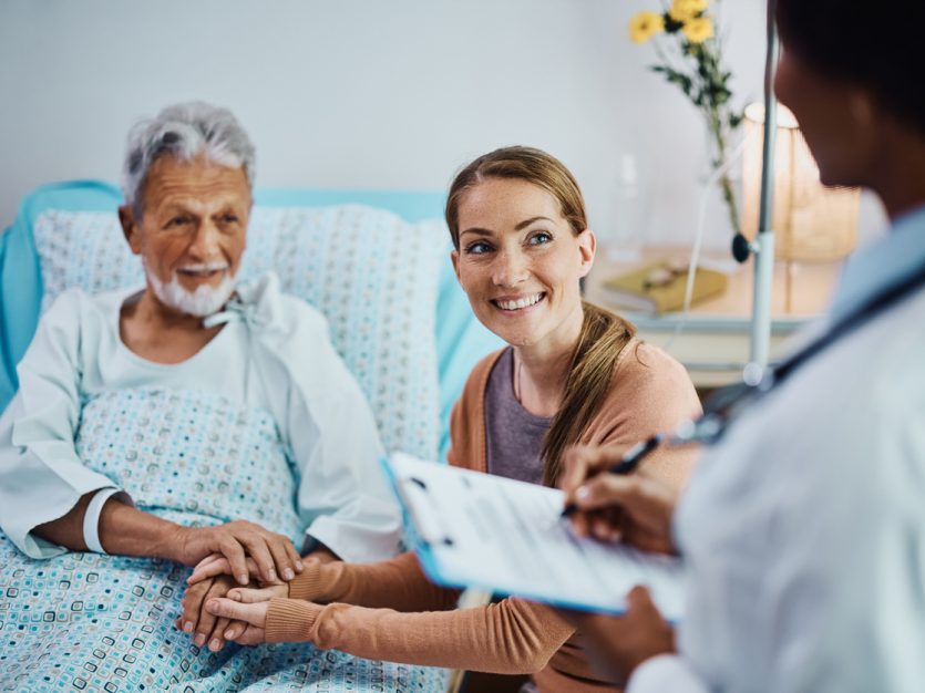 Older adult sitting in a hospital bed while holding hands with their caregiver and speaking to their doctor.