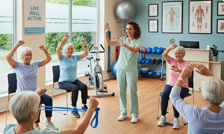 Seniors participating in exercise class.
