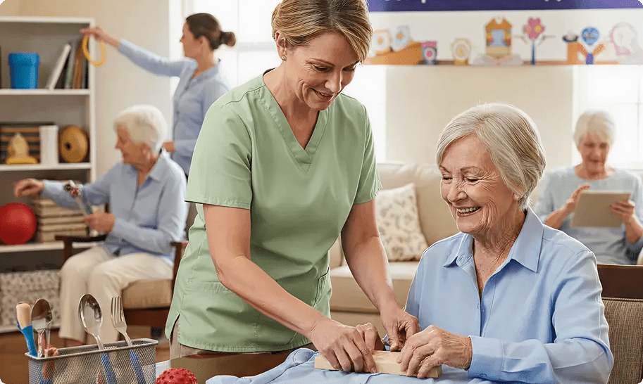Caregiver assisting elderly in therapy.