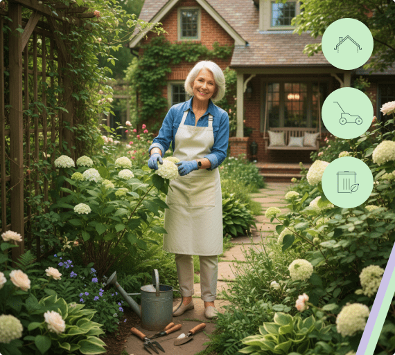 Gardener tending to blooming flowers.