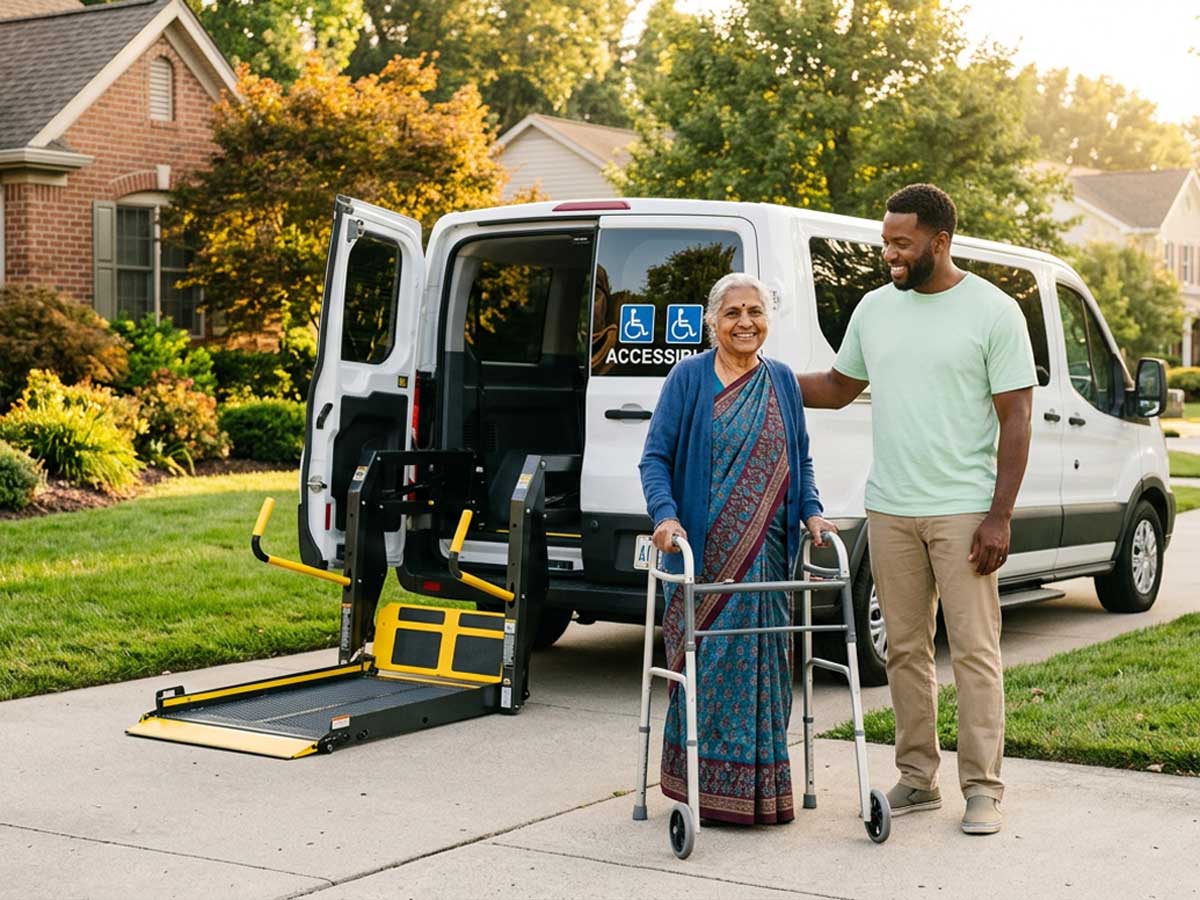 Accessible van assisting elderly woman