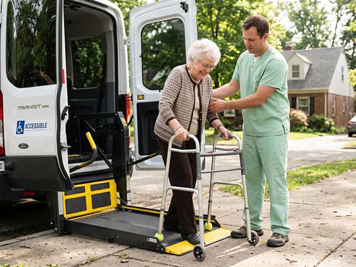 Elderly woman assisted into vehicle