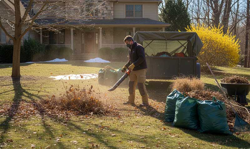 Man using leaf blower in yard
