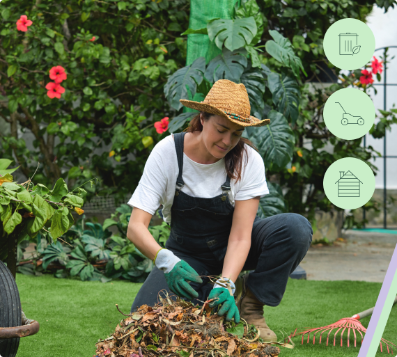 Person gardening with plants and tools.