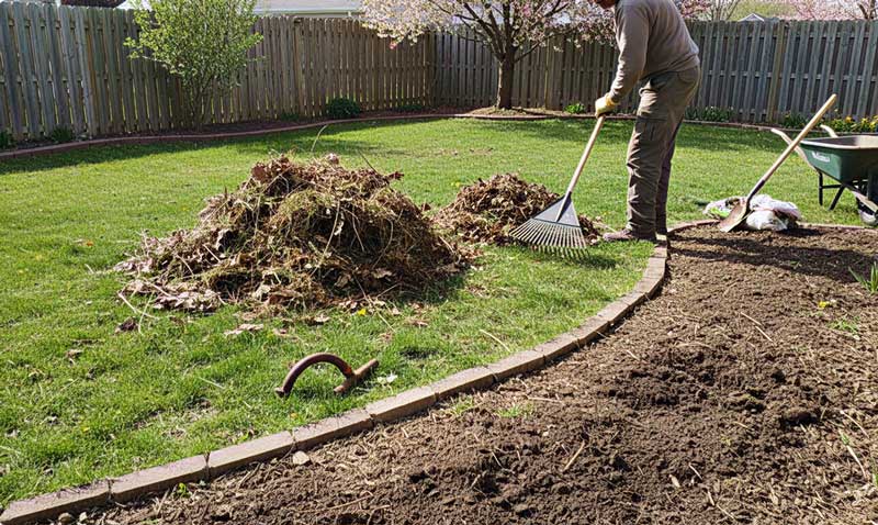 Person raking leaves in garden