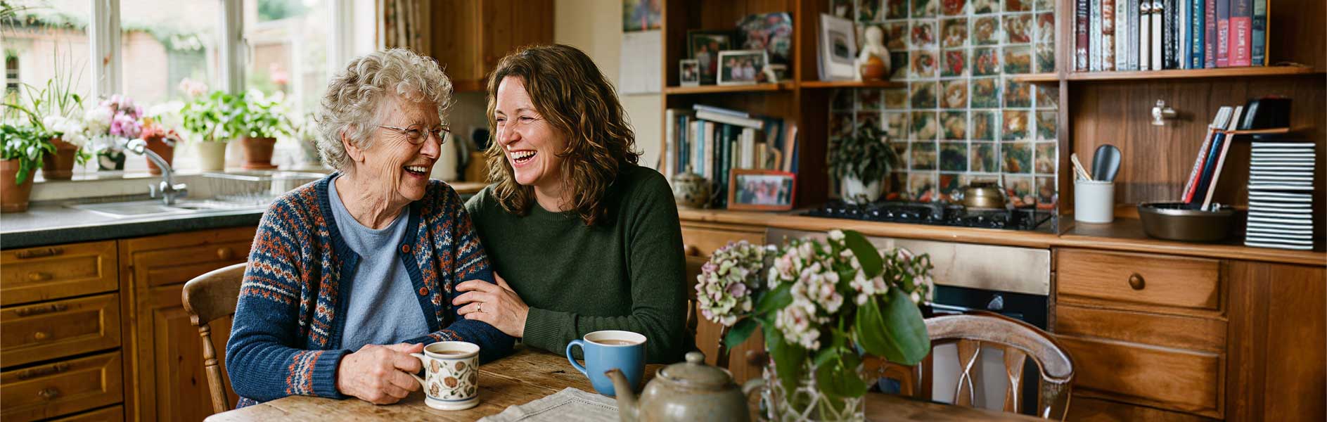 Older adult and daughter laughing in their home