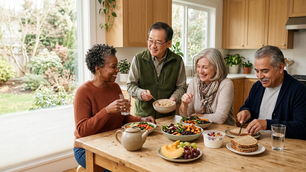 Digestive health: What you need to know (and what actually helps) 1 Diverse group of older adults sharing a balanced meal with fruit, grains, vegetables, yogurt, and water in a bright kitchen.