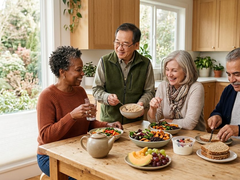 Diverse group of older adults sharing a balanced meal with fruit, grains, vegetables, yogurt, and water in a bright kitchen.
