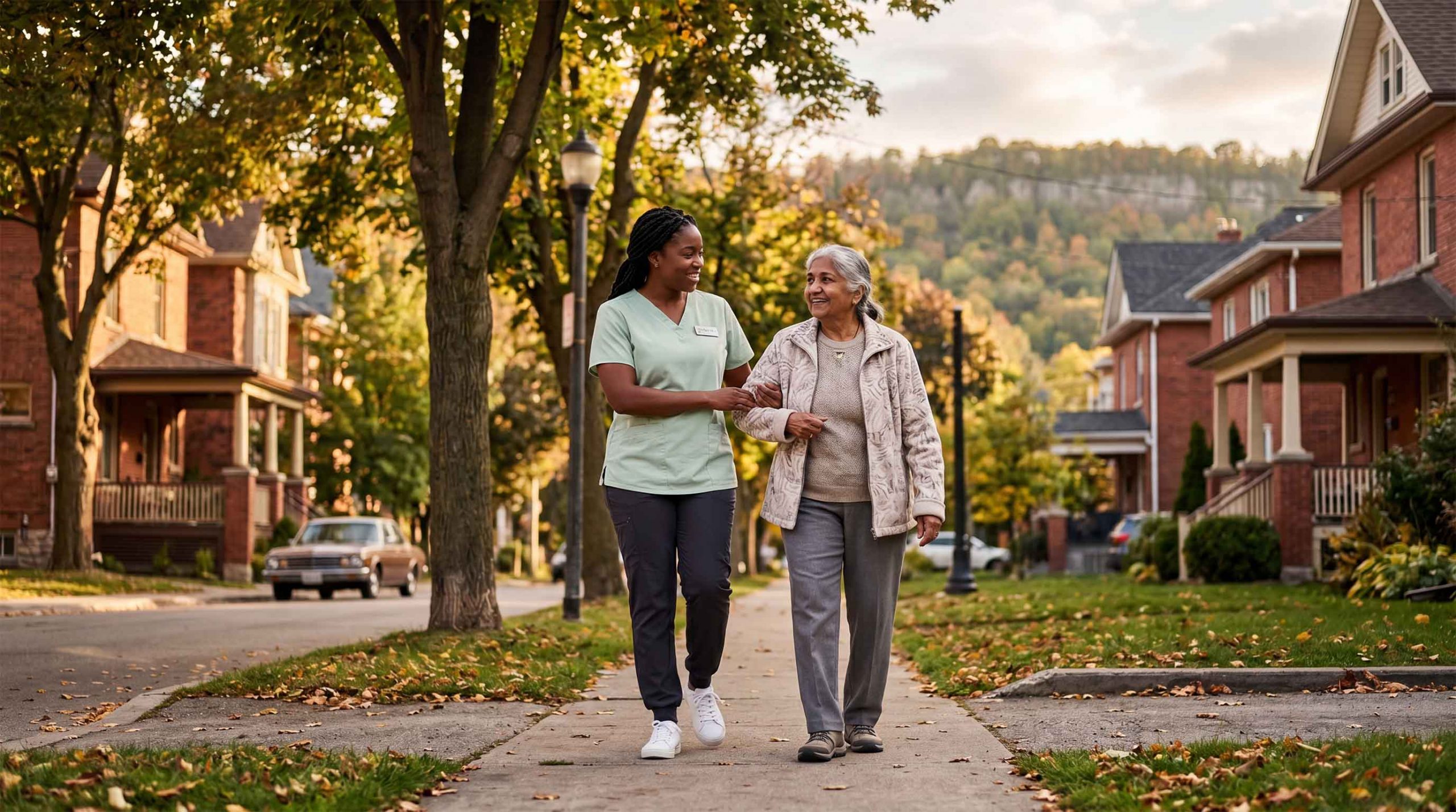 Caregive and senior lady taking a walk