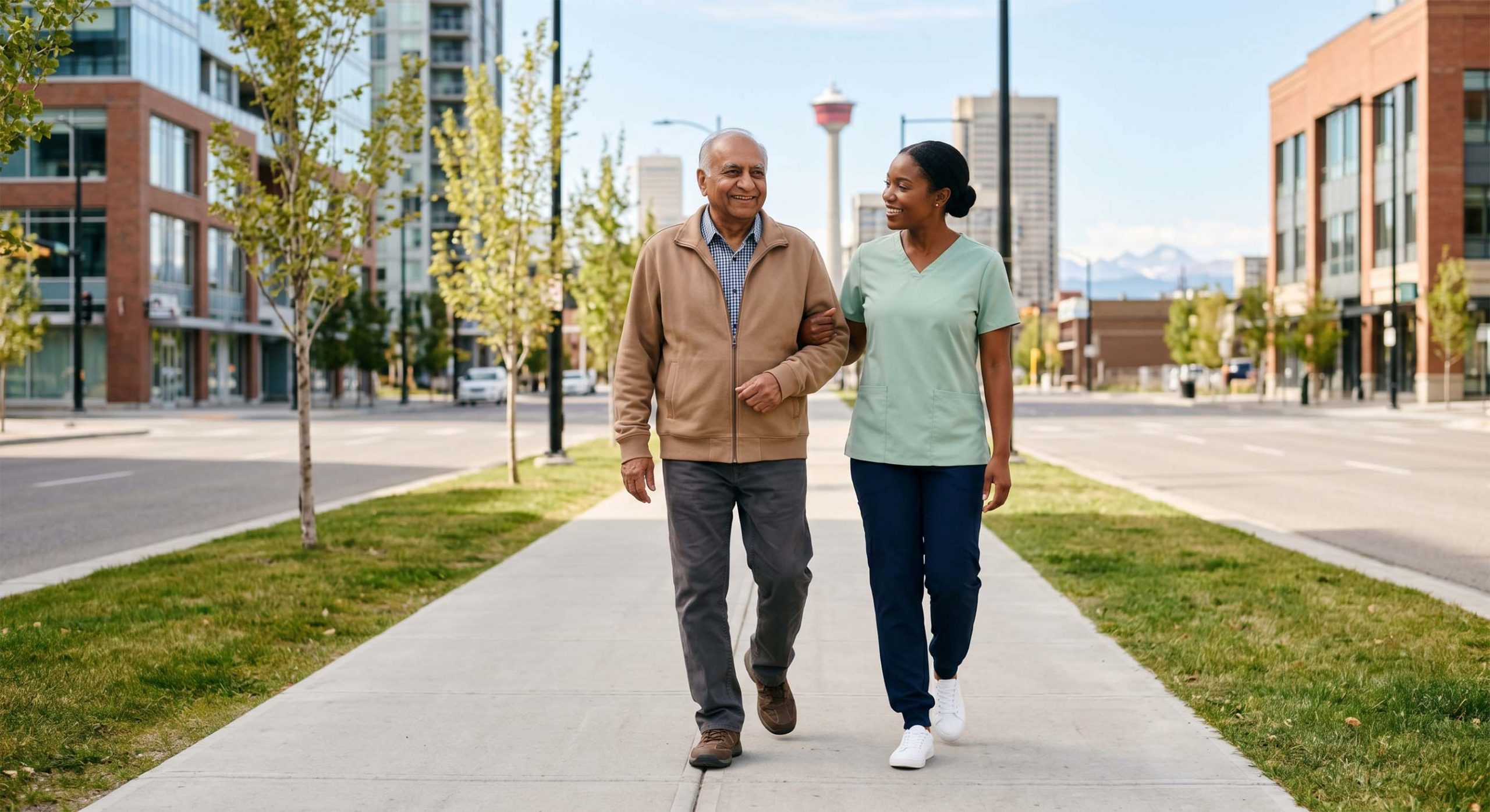 Cargiver and senior walking in Calgary