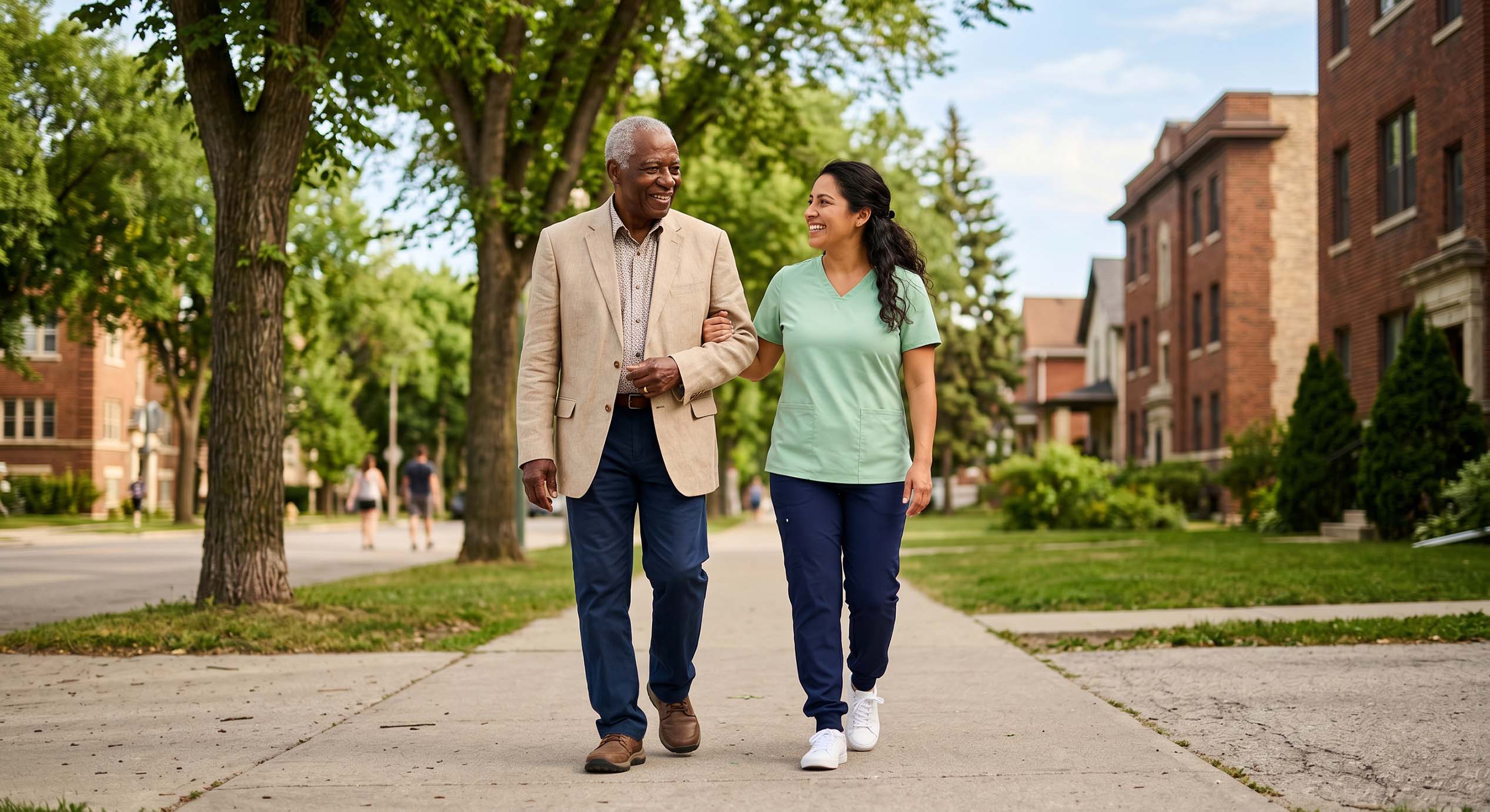 Caregiver and senior walking in the street