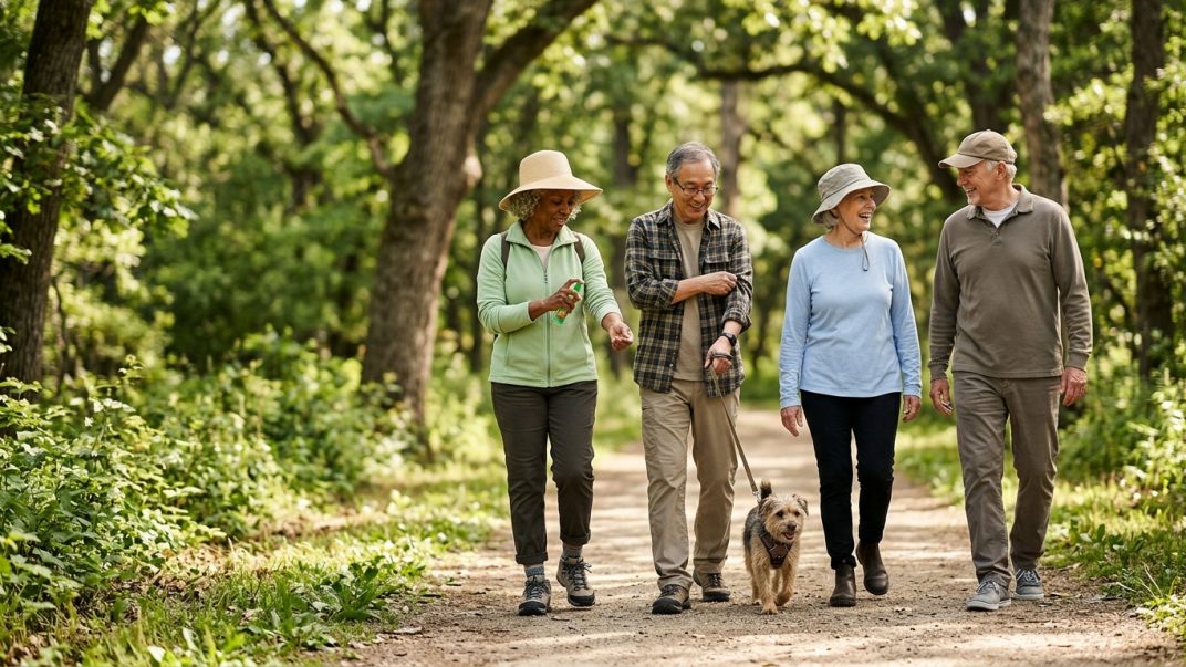 Lyme disease and West Nile virus: What you should know this season 1 Diverse group of older adults wearing protective clothing while walking a dog on a sunny wooded trail, with one person applying insect repellent.