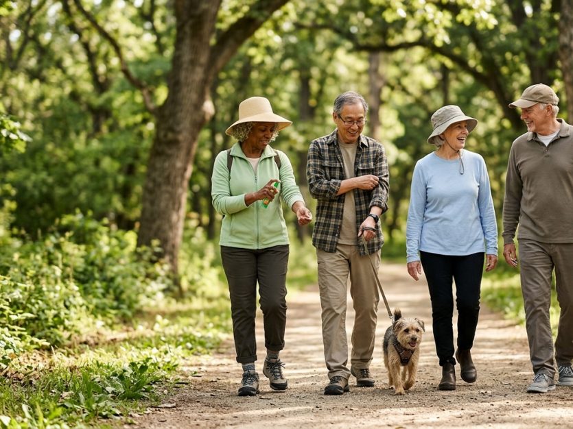 Diverse group of older adults wearing protective clothing while walking a dog on a sunny wooded trail, with one person applying insect repellent.