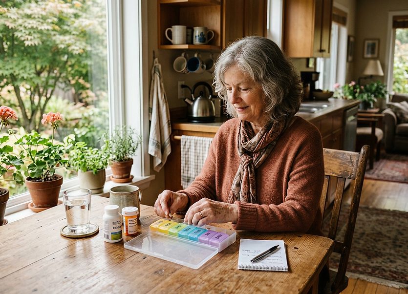 Senior woman organizing medication at home