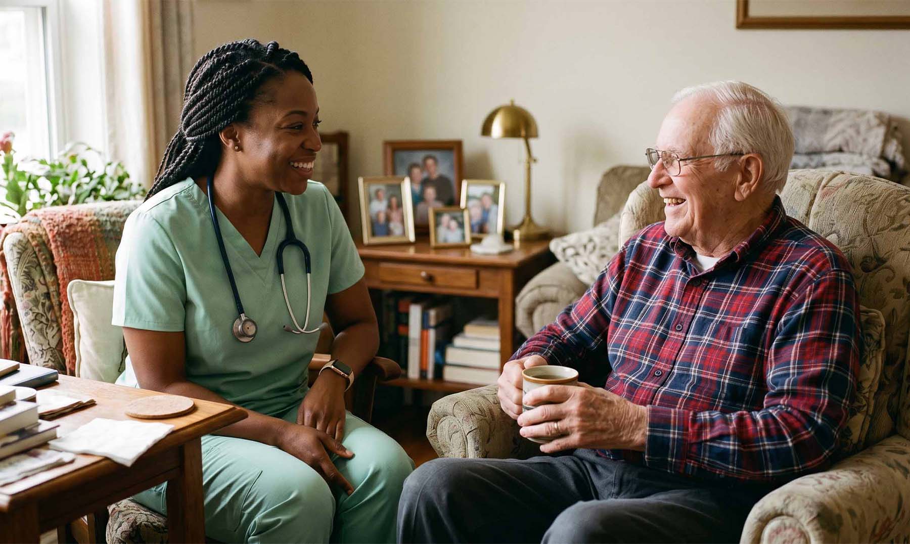 Caregiver and senior sitting on the couch in a house