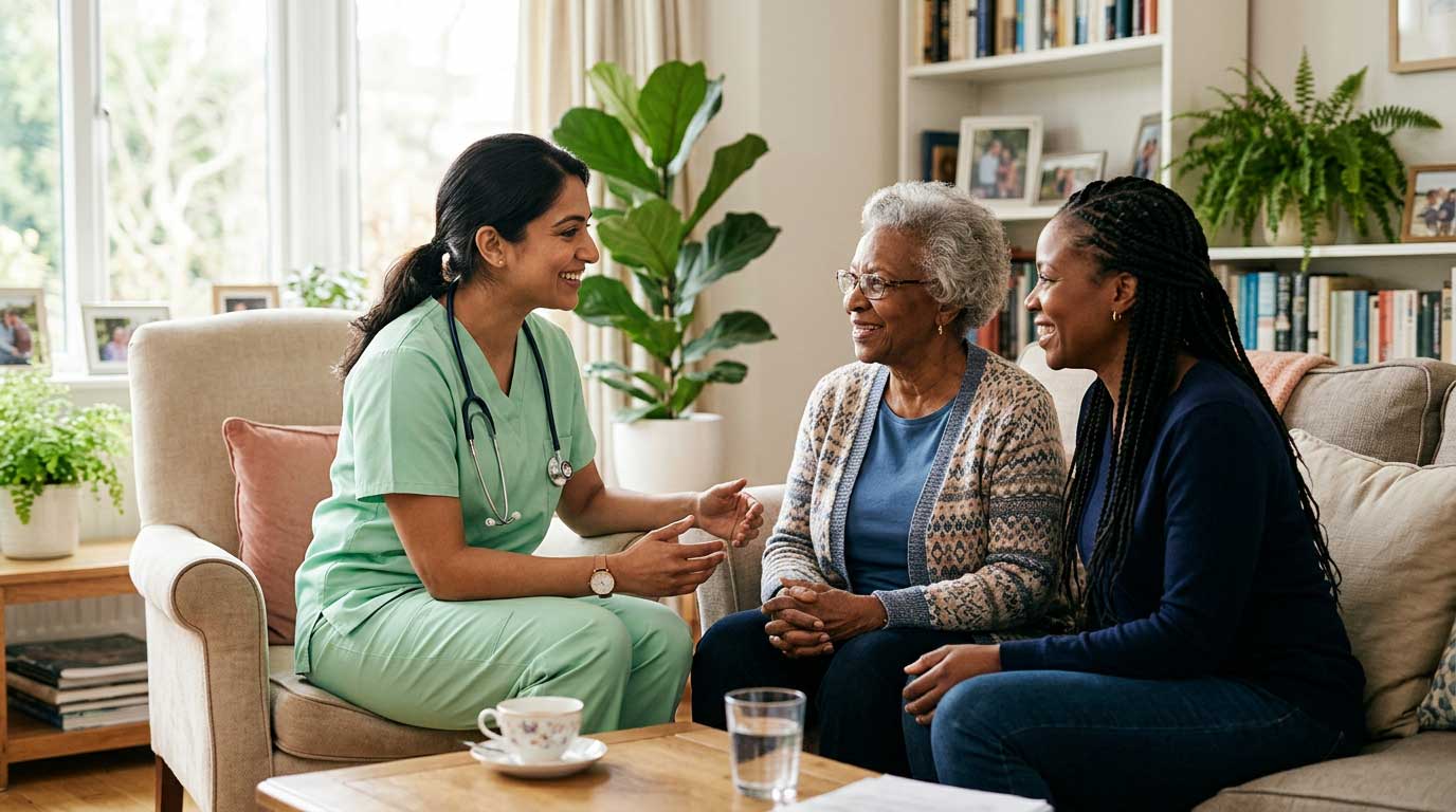 Doctor discussing with two patients.