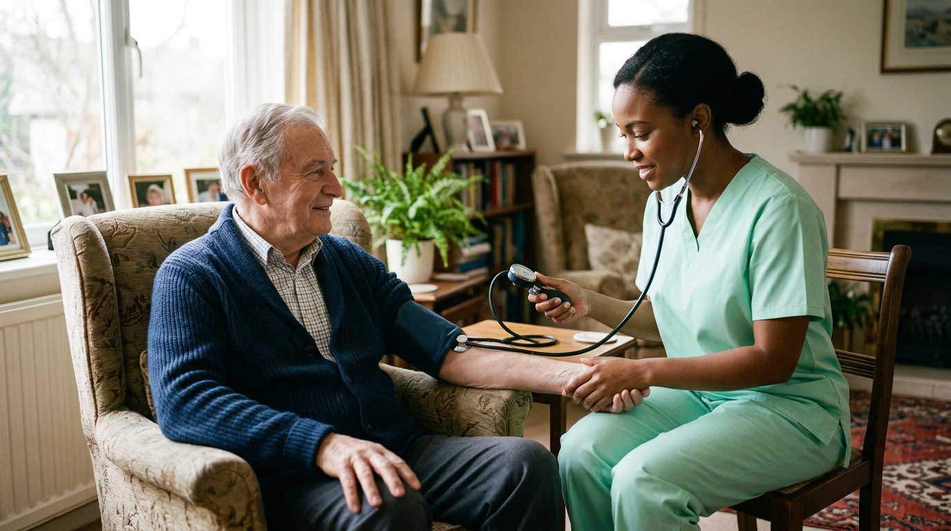 Caregiver checking blood pressure of senior