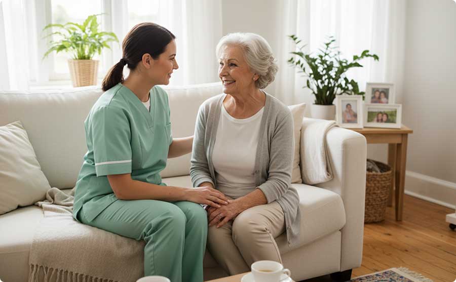 Older adult and caregiver sitting at home