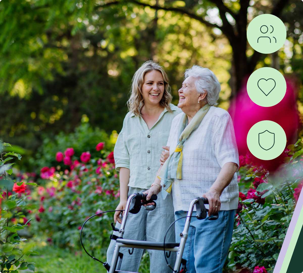 Senior mother and daughter walking in a garden