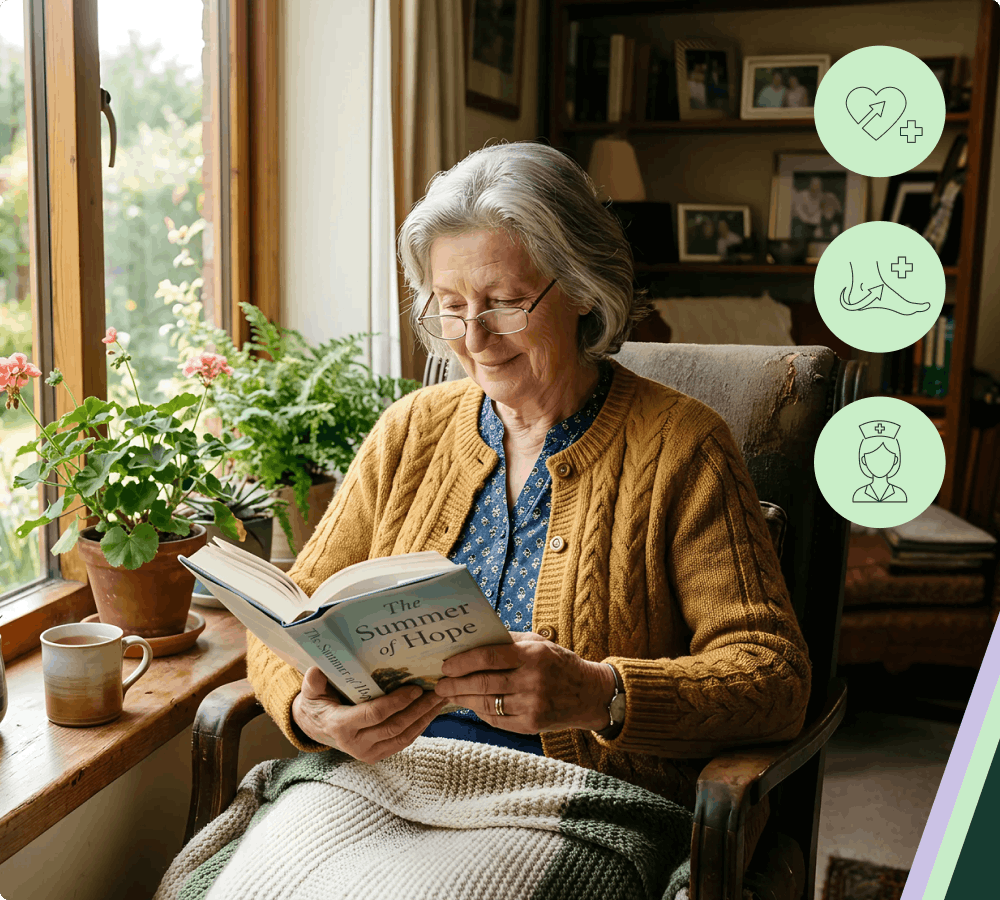 older adult woman reading books