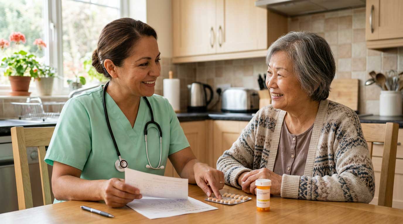 Nurse consulting with elderly patient.