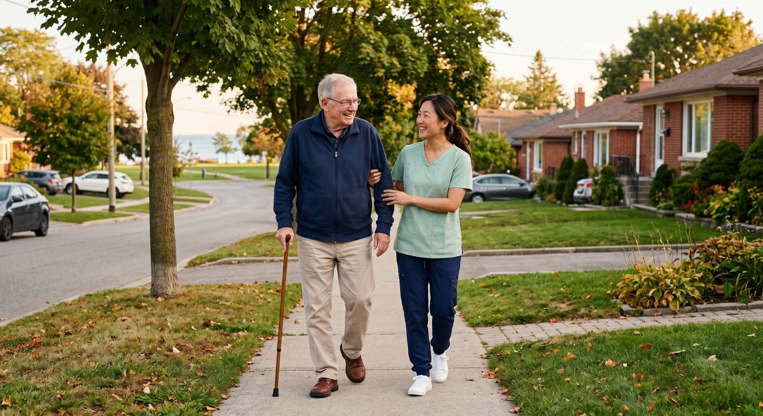 Caregiver and older adult walking in the city of Etobicoke in Ontario