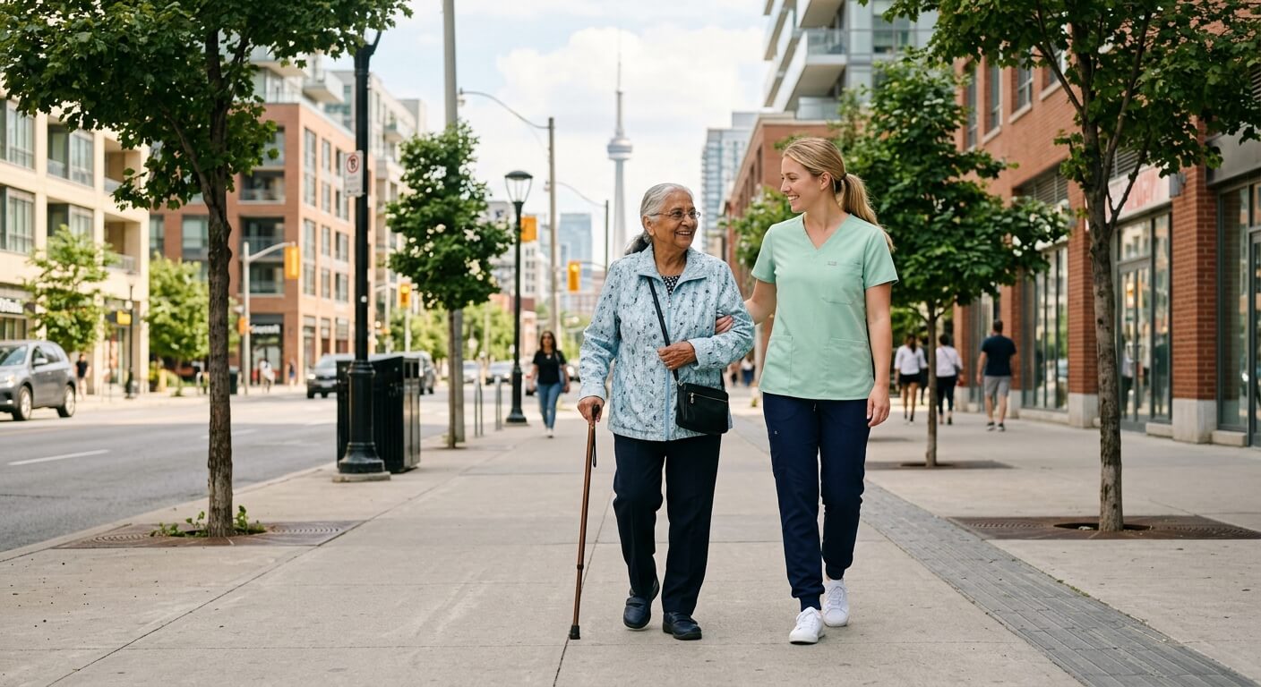 Caregiver and older adult walking in the GTA region in Ontario