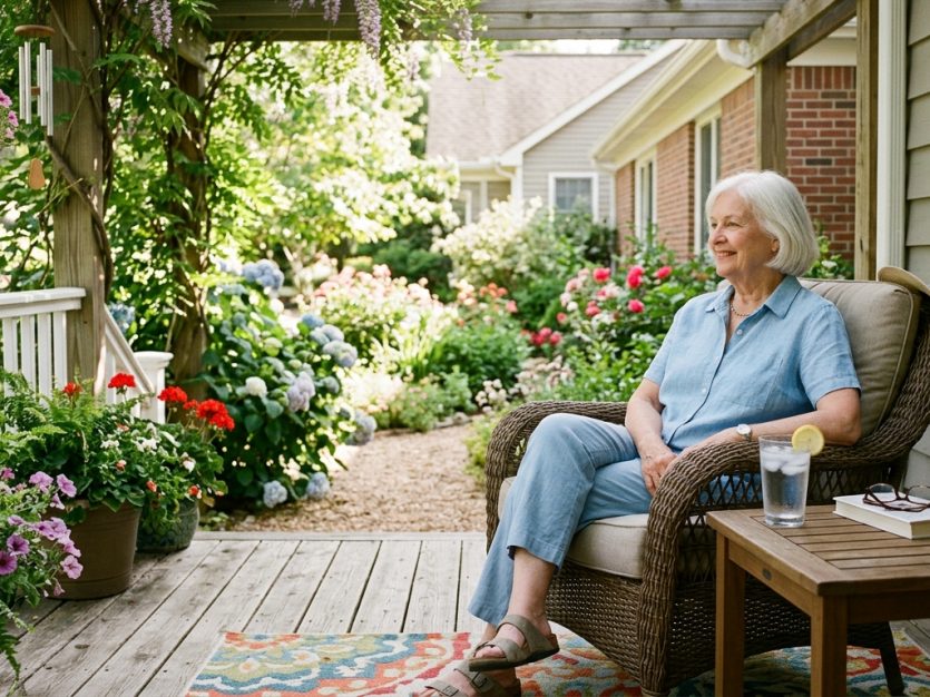 Elderly woman relaxing on porch