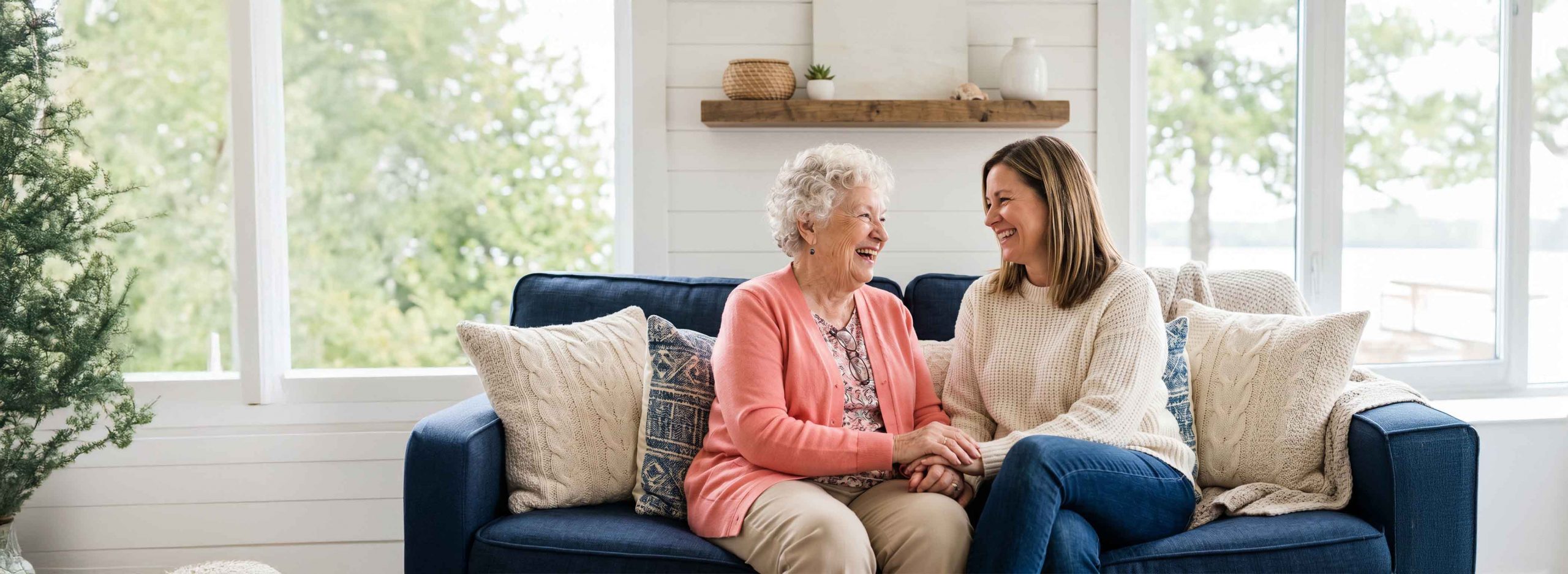 Elderly woman and daughter sat on a couch