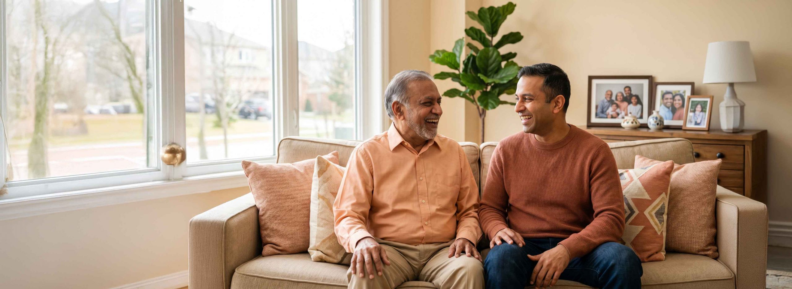 Elderly man and son sat on a couch