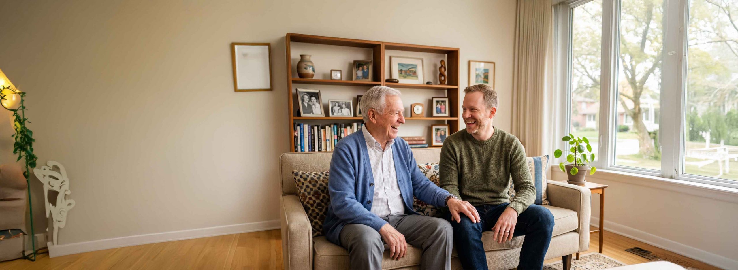 Elderly man and son sat on a couch
