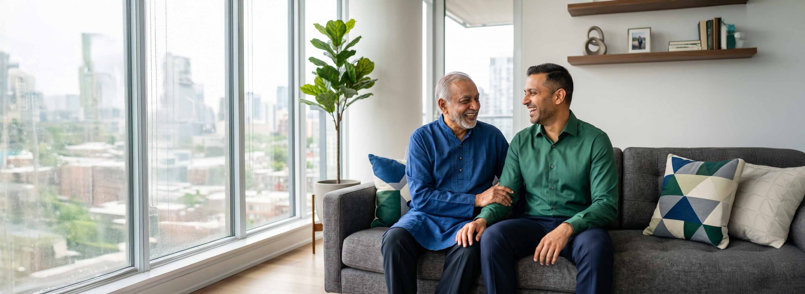 Elderly man and son sat on a couch