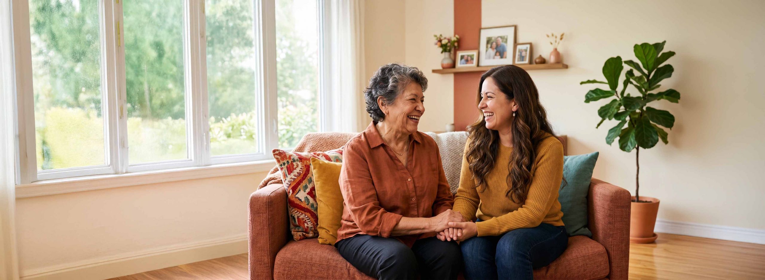 Elderly woman and daughter smiling while sat on a couch