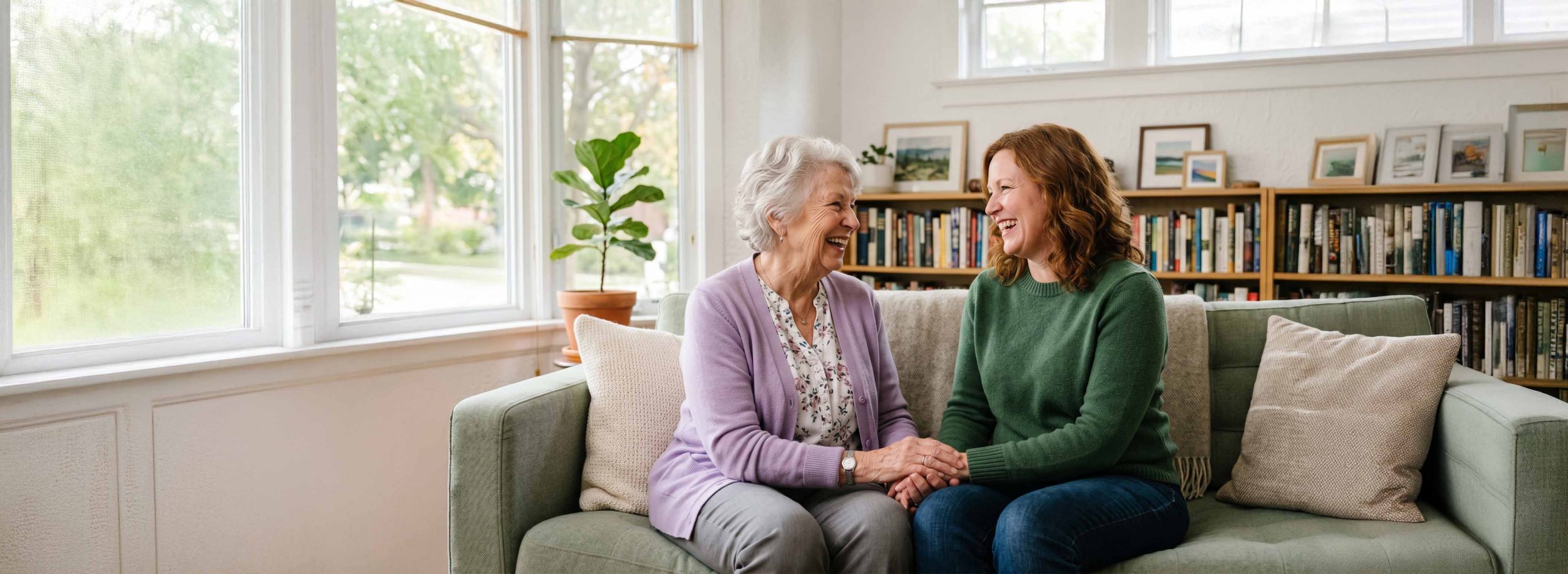 Elderly woman and daughter smiling while sat on a couch