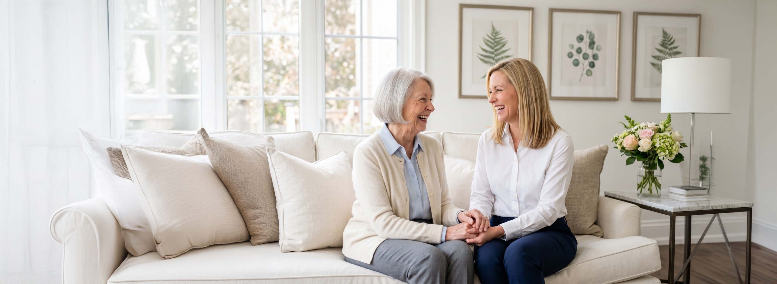 Elderly woman and daughter smiling while sat on a couch
