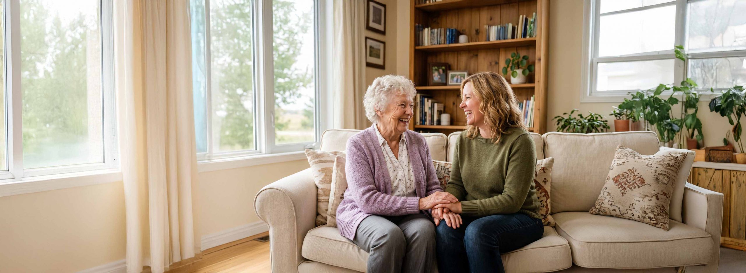 Elderly woman and daughter sat on a sofa