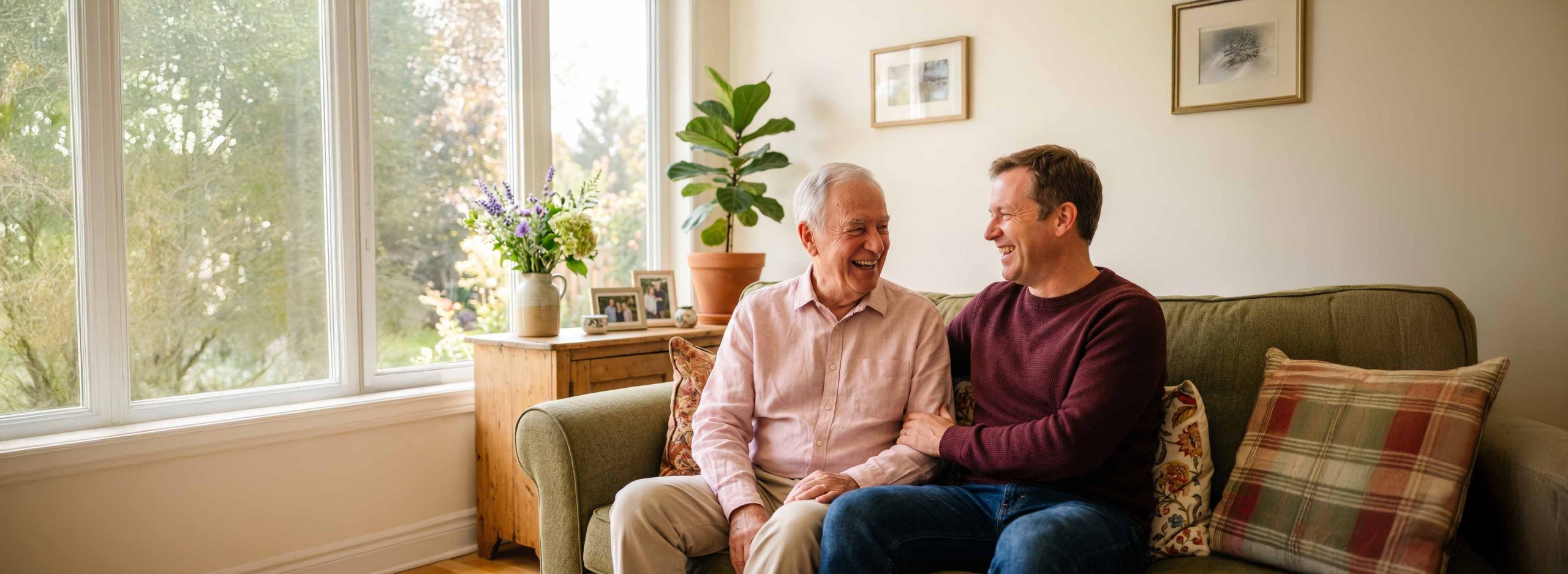 Elderly man and son sat on a couch