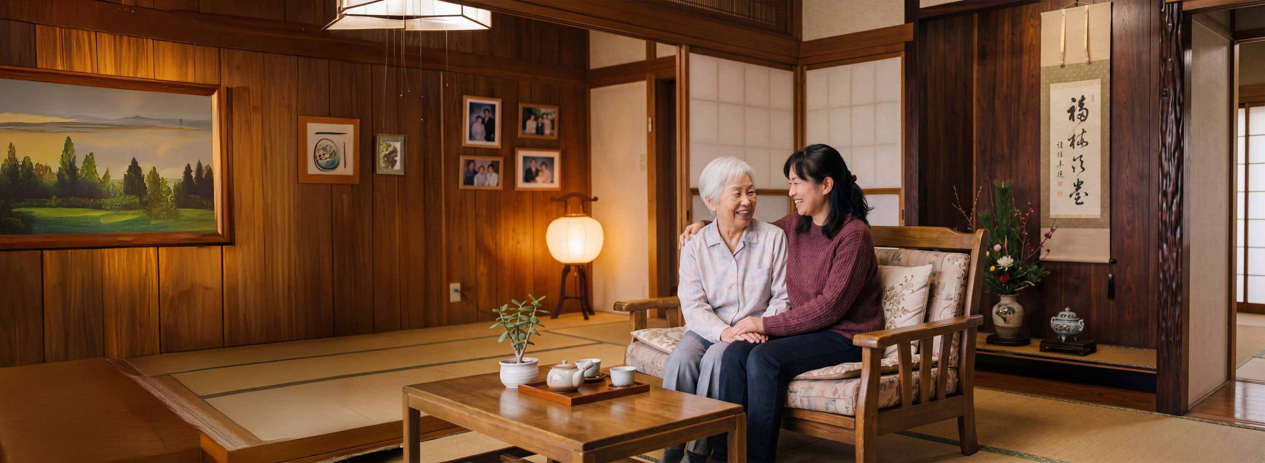 Elderly woman and daughter smiling