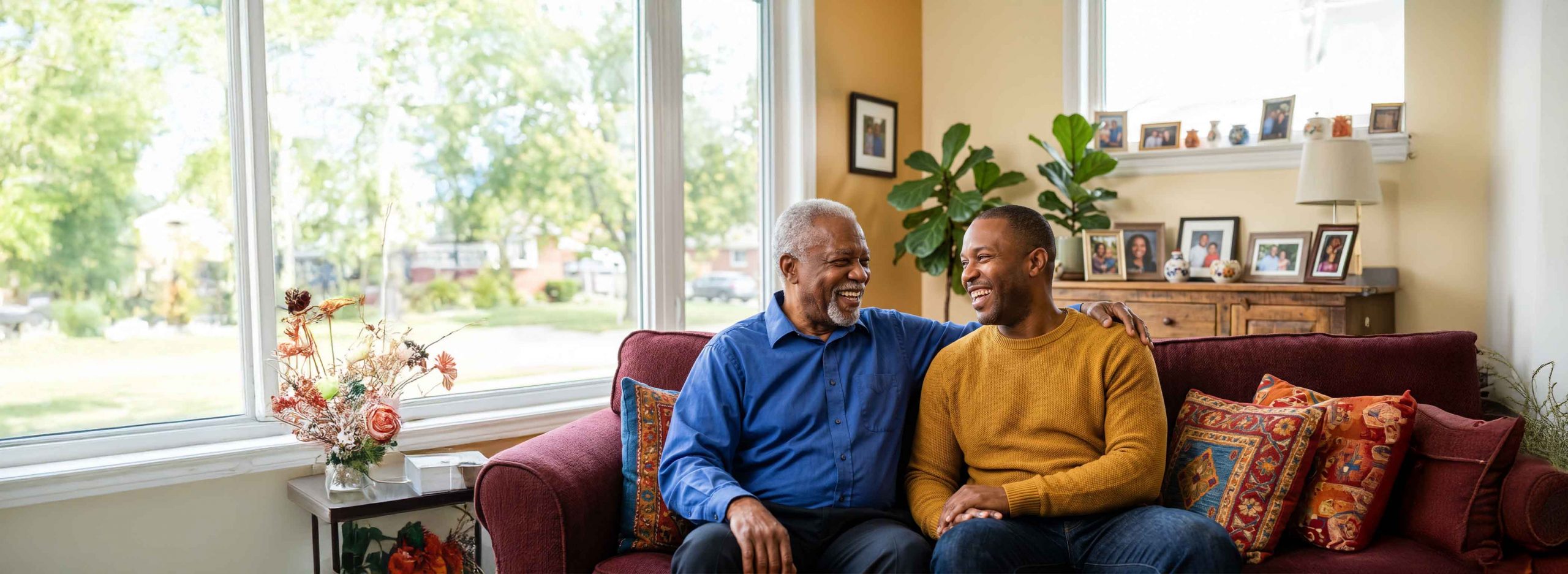 Elderly man and son sat on a couch