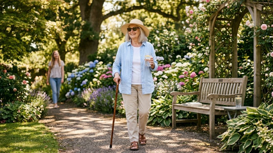 Older adult staying cool and active on a sunny summer day with water, shade, and light clothing.